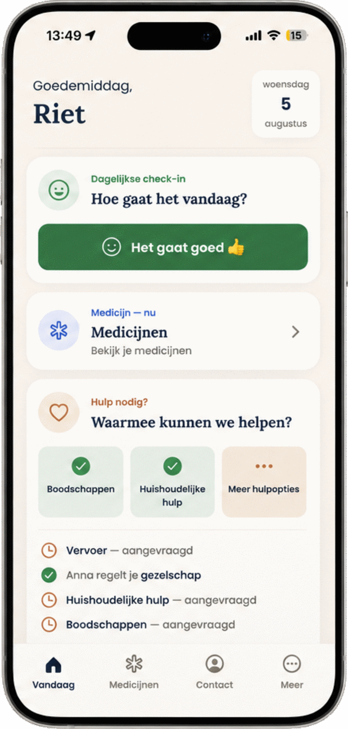 Het beginscherm van Noor met de dagelijkse check-in, medicijnen en hulpvragen